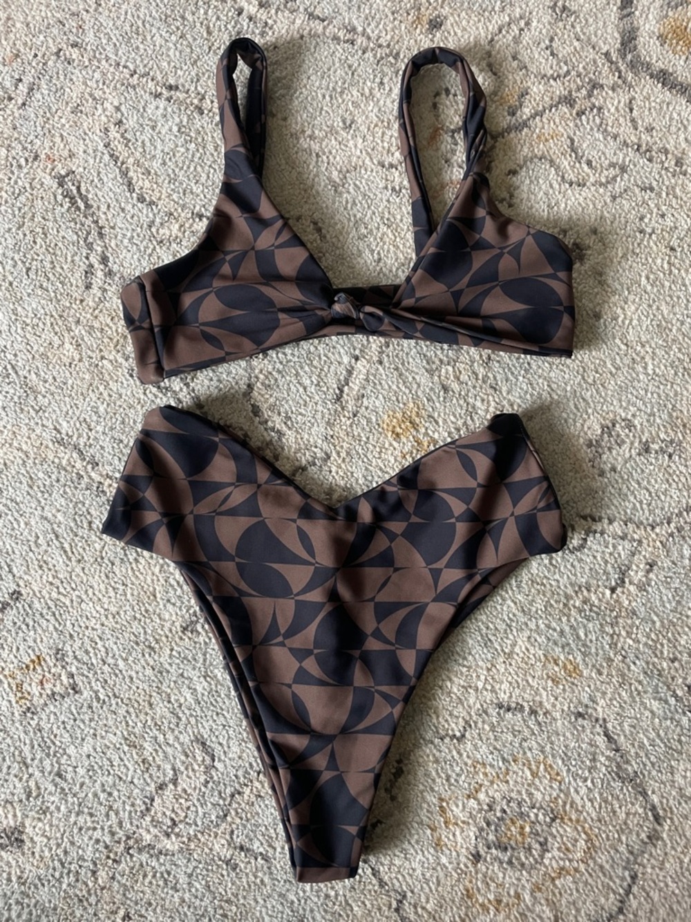 Skatie Brown & Black Geometric V-Waist Bikini Set